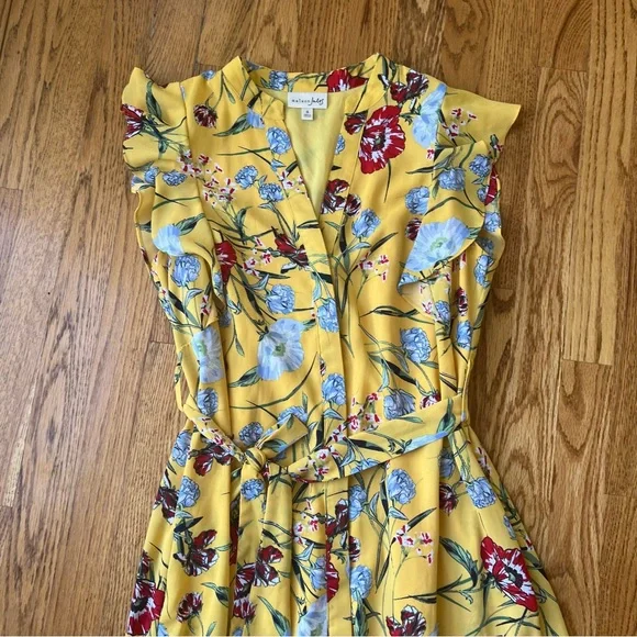 Maison Jules Women's Size Medium Dress V neck button down yellow floral - Picture 3 of 7